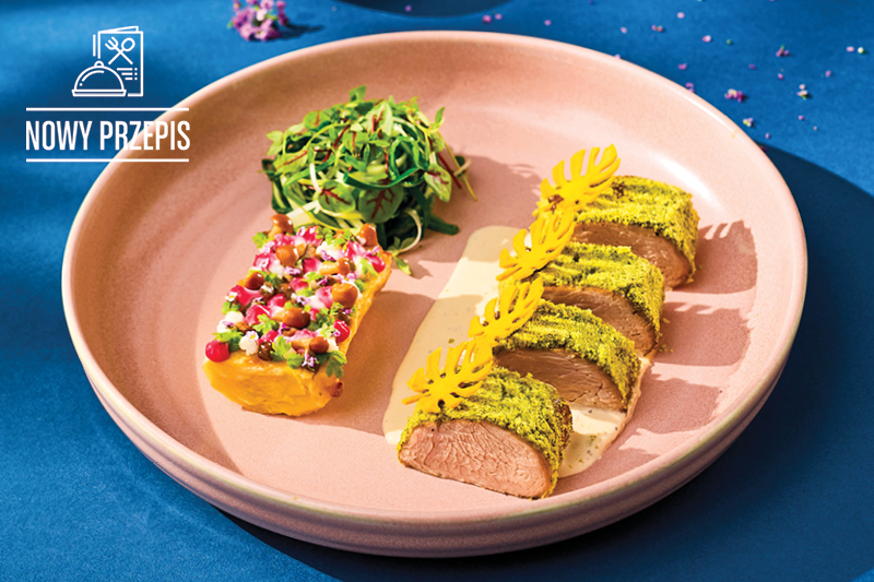 POLĘDWICZKA WOLNO GOTOWANA Z GRATIN, KOLOROWYM MAJONEZEM I SOSEM SEROWO-PIEPRZOWYM