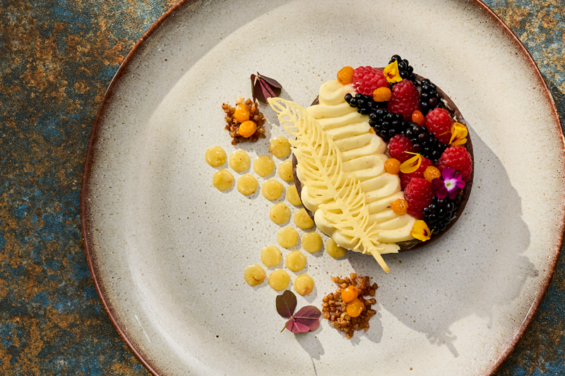 BOROWIKOWY SERNIK Z GANASZEM Z BIAŁEJ CZEKOLADY, COULIS Z PIGWOWCA I ROKITNIKIEM W SYROPIE