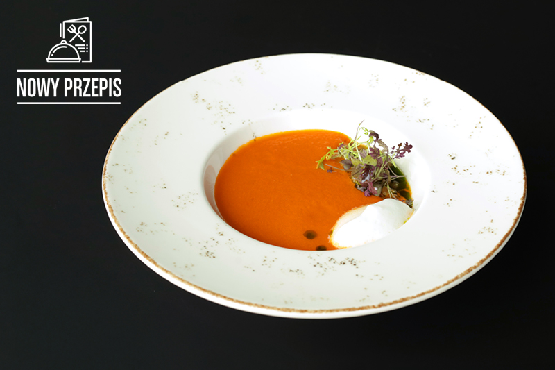 KREM Z POMIDOR&Oacute;W Z PIANĄ BAZYLIOWĄ  ORAZ KONFITOWANYMI POMIDORKAMI CHERRY