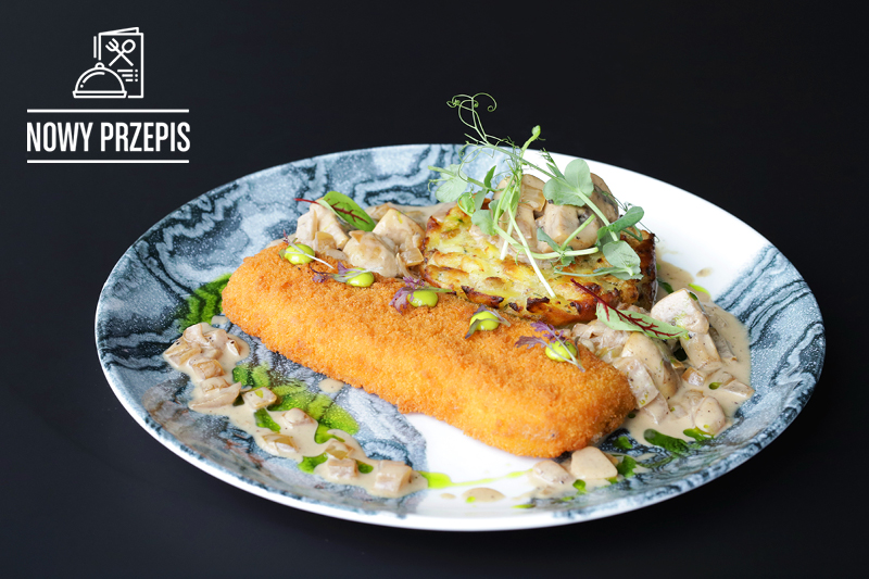  MINTAJ Z GRATINĄ ZIEMNIACZANO-GRZYBOWĄ ORAZ PIECZARKAMI W SOSIE MAŚLANO-WINNYM