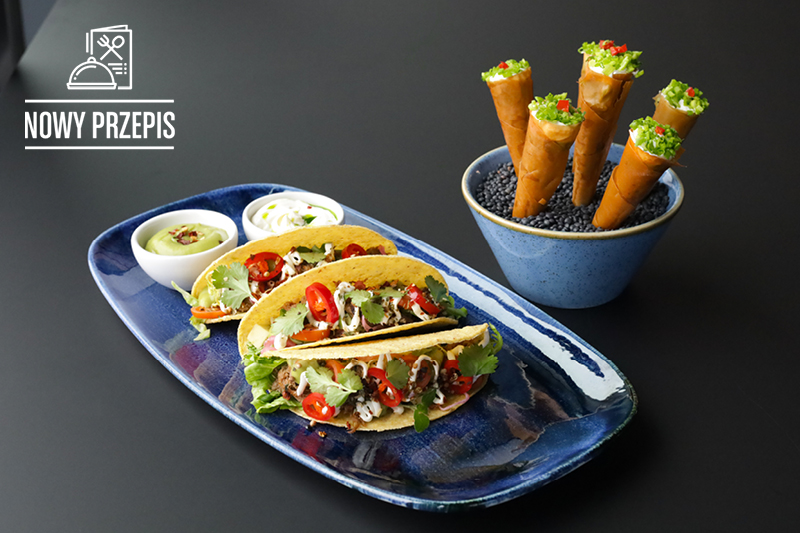 TACOS I ROŻKI Z CIASTA FILO Z POLICZKAMI WIEPRZOWYMI I GUACAMOLE