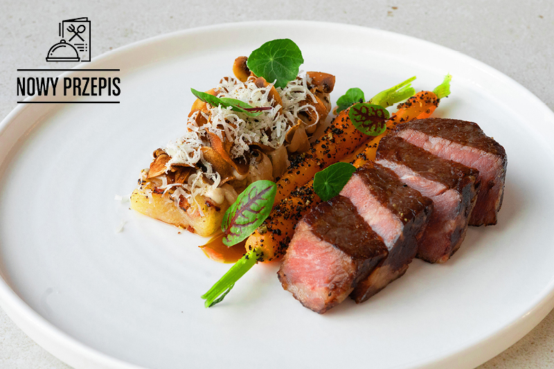 ARGENTYŃSKI STEK Z BIODR&Oacute;WKI WOŁOWEJ,  ROSTI ZIEMNIACZANE, MARCHEW GLAZUROWANA  W SOKU Z POMARAŃCZY I KAWOWY DEMI-GLACE