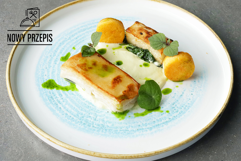 HALIBUT Z SELEREM, HOMAROWĄ POLENTĄ I SZPINAKIEM